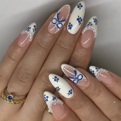 3D Flowers Gold Bead Lace White Daisy Bowknot Long Pointed Fake Nails Art Almond False Nails Press on Nails Charms Manicure Tool