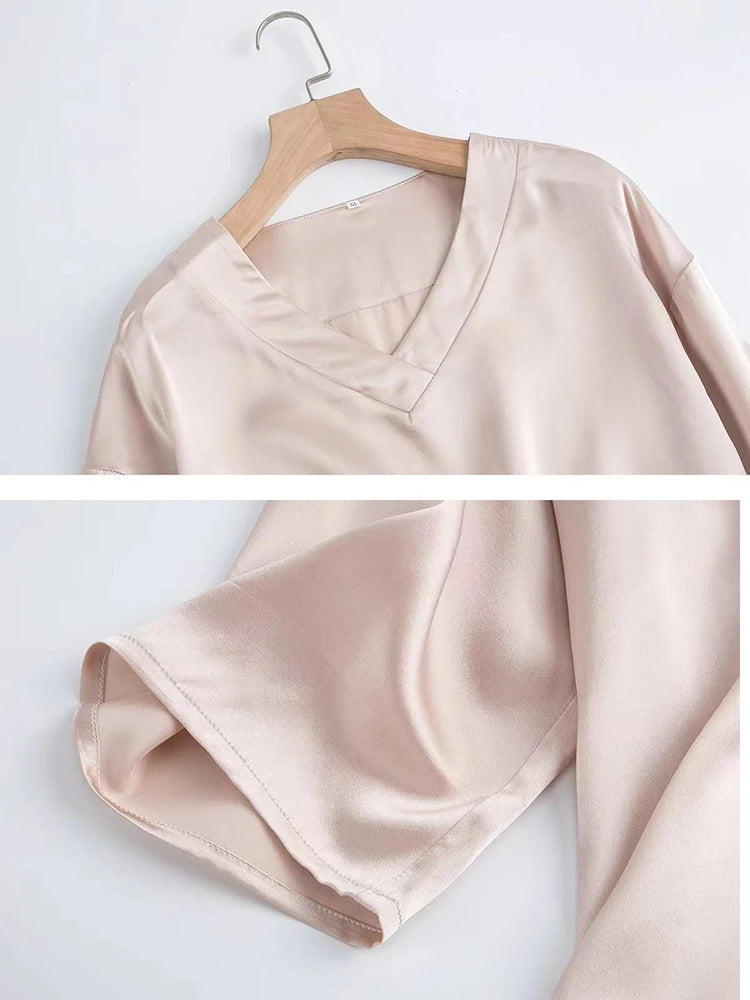 Women 100% Pure Mulberry Silk Charmeuse Silk V Neck Pajama Set Casual Loose Sleepwear Nightwear L XL SQ001.