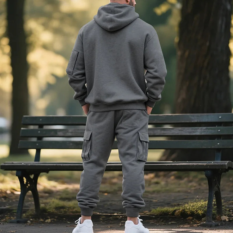 Pullover Hoodie Set Reißverschluss Multi-Pocket Pullover Herren Sport Casual Top Zweiteiliges Set.