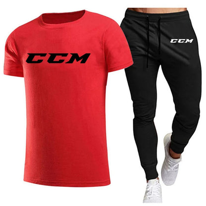 CCM New Men's Tracksuits summer men's sets fitness wear short-sleeved T-shirts+trousers set cotton brand Men's clothing.