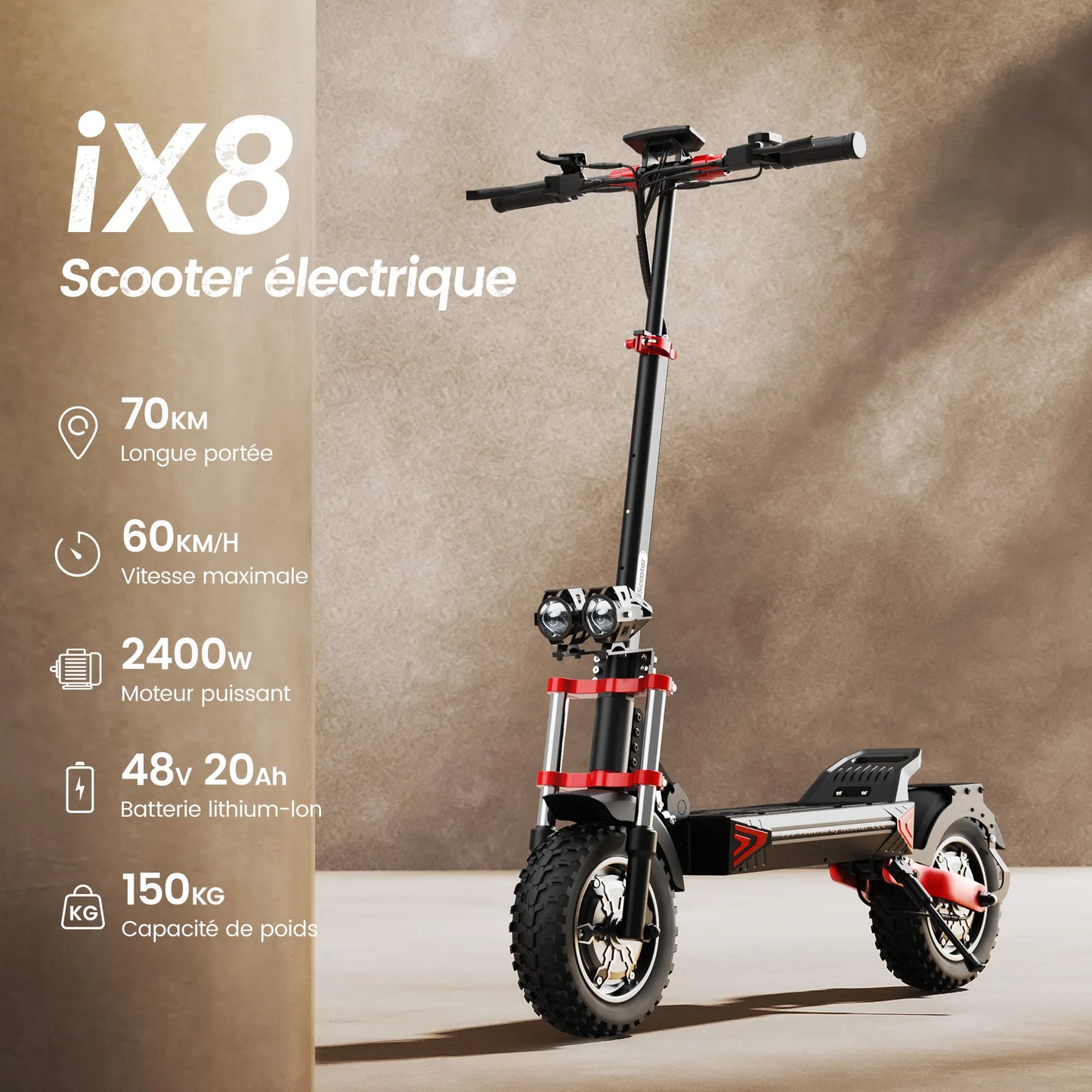 iScooter iX8 12 inch Electric Scooter 2400W Dual Motor Off Road E-Scooter 20Ah 60km/h Scooters 70km Max Range Foldable EScooters.
