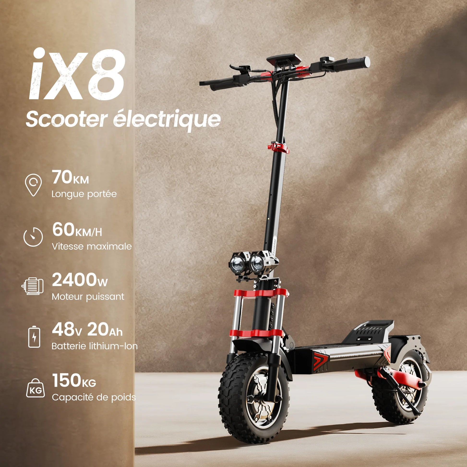 iScooter iX8 12 inch Electric Scooter 2400W Dual Motor Off Road E-Scooter 20Ah 60km/h Scooters 70km Max Range Foldable EScooters.