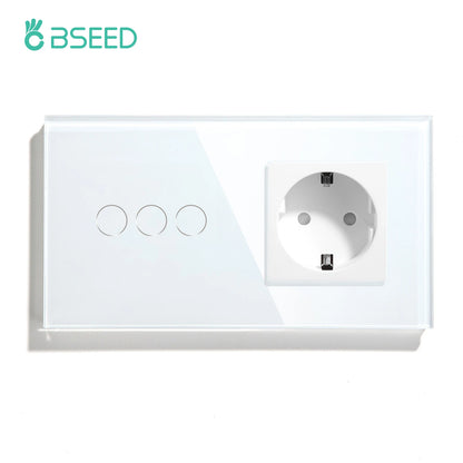 BSEED Touch-Lichtschalter, EU-Standard-Wandsteckdose mit USB Typ-C-Kristallglasscheibe, weiße Farbe, Netzstecker, 1/2/3 Gang-Schalter