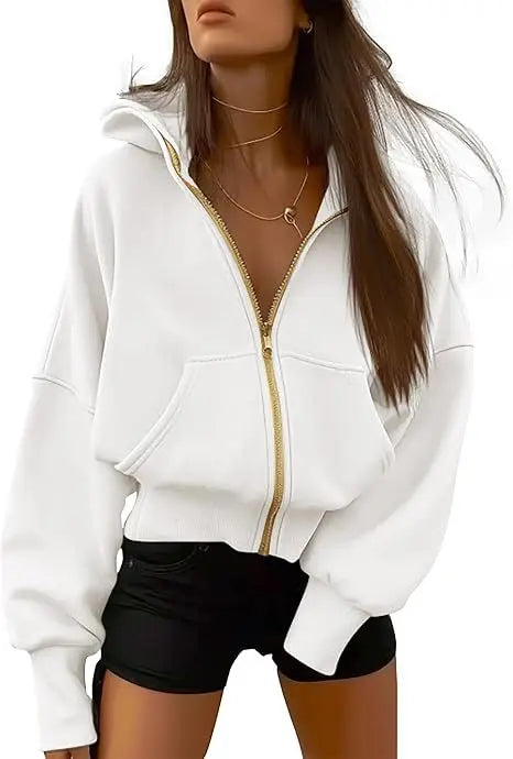 New Solid Color Zipper Splicing Hooded Coat, Women's Autumn Leisure Loose Sports Hooded Long Sleeve Coat Sweatshirt.