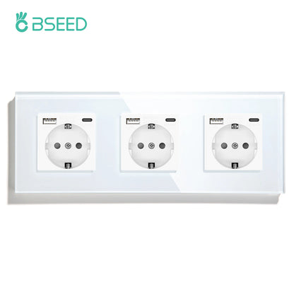 BSEED EU-Standard, einzelne Steckdose, Touch-Schalter, USB-Wandsteckdosen, Doppelsteckdosen, dreifache Steckdosen, vierfache Glassteckdosen
