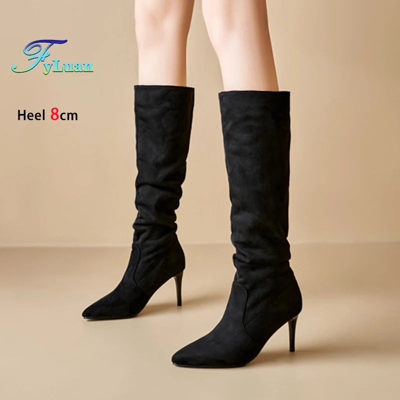 Street Style Pointy Toe Long Boots Women Stiletto Heels 8CM High Heel Winter Sexy Woman Shoes Female Suede High Boots Size 35-46