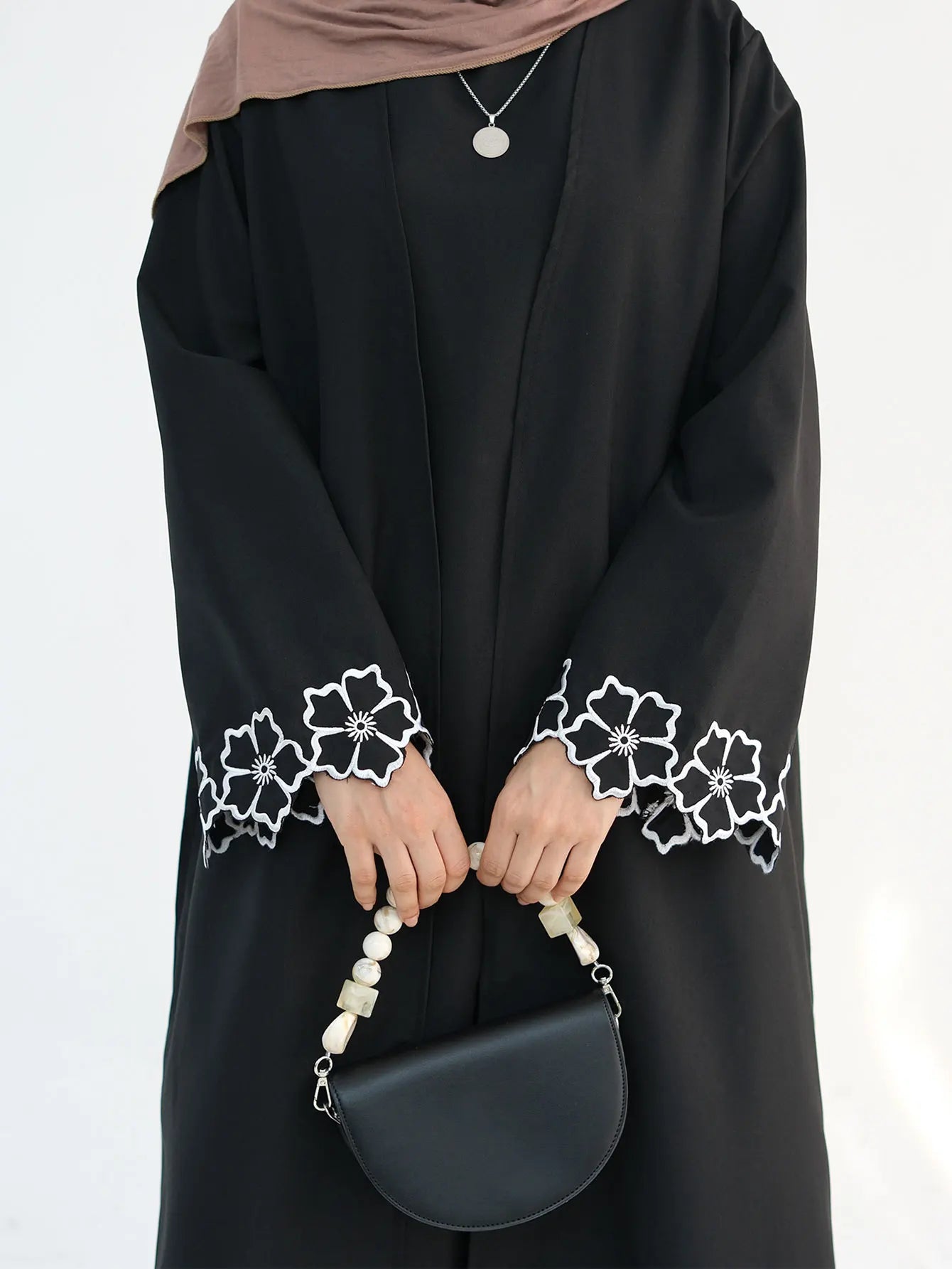 Chic Coffee Color Outer Piece Abaya Geometric Cuff Embroidery Ideal Modern Muslim Women Suitable for Daily/Semi formal Occasion.