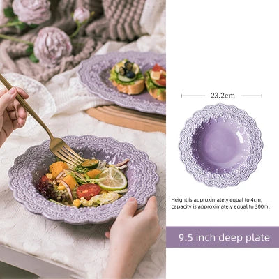 Solid Color Ceramic Tableware Lace Embossed Ceramic Tableware Bowl Plate Cup Rustic Irregular Dinner Plate  Dinner Plates.