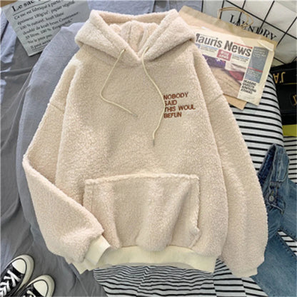 Autumn Winter Fashion Hooded Sweatshirt Women Korean Loose Solid Letter Tops Long Sleeve Warm Outfit Hoodie Lady Casual Street.