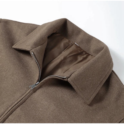 Mode Braun Zipper Woolen Jacke Für Frauen Elegante Revers Langarm Kurze Mäntel Weibliche Vintage Herbst Dame Straße Oberbekleidung