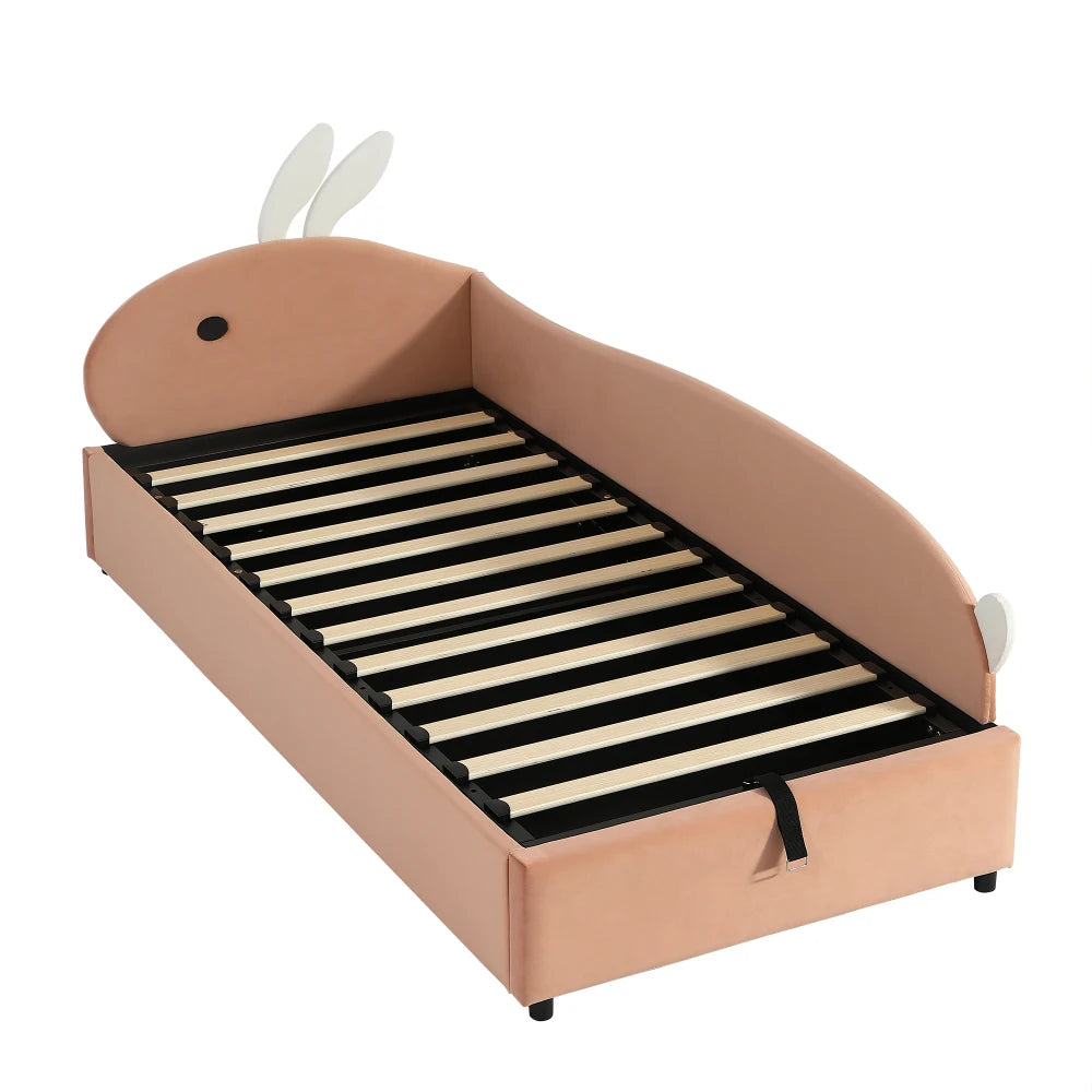 Polsterbett, Einzelbett, Babybett, niedlicher Hasenkopf, hydraulisches Bett mit Stauraum, erhöhter weicher Zaun, Samt, rosa + weiß, 90 x 200 cm