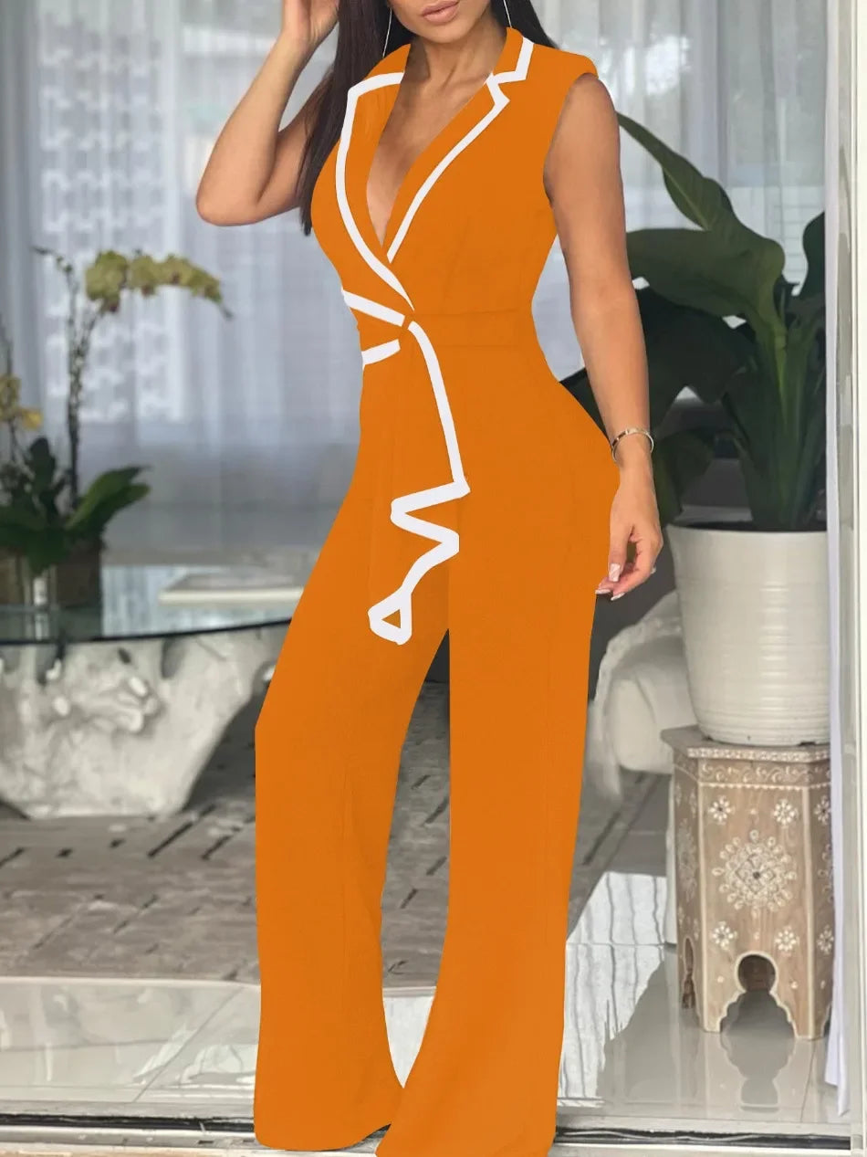 Women's Overalls Outfits Full Length New Fashion 2025 Summer V Neck Elegant Sleeveless Office Lady Jumpsuit Wide Leg Pants.