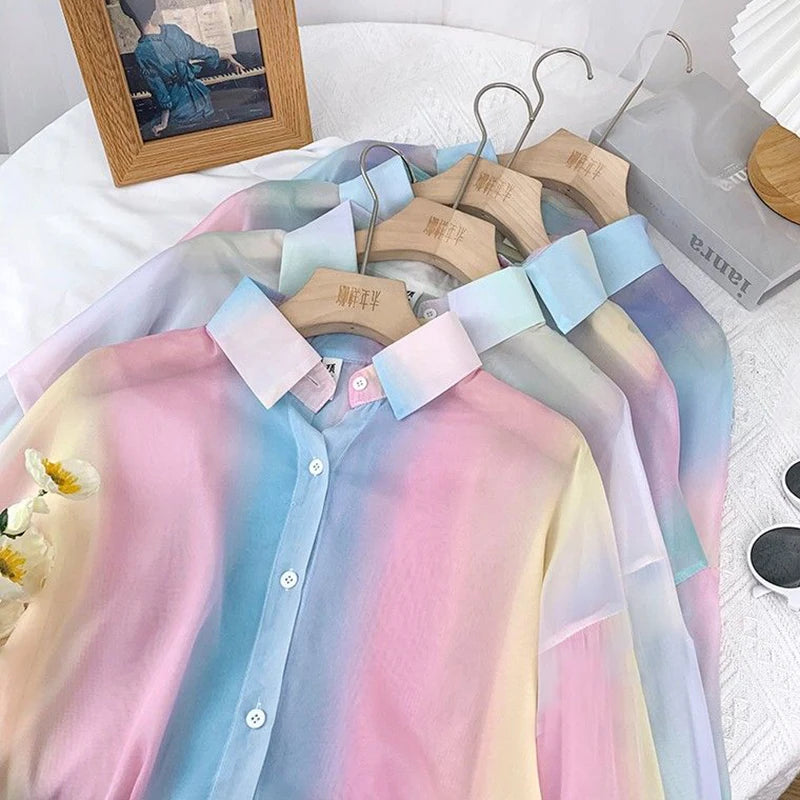 Irregular Gradient Rainbow Long Sleeved Shirt And Blouses Thin Youthful Women's Clothing Loose Top Pink Casual Transparent New.