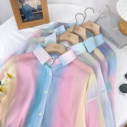 Irregular Gradient Rainbow Long Sleeved Shirt And Blouses Thin Youthful Women's Clothing Loose Top Pink Casual Transparent New.