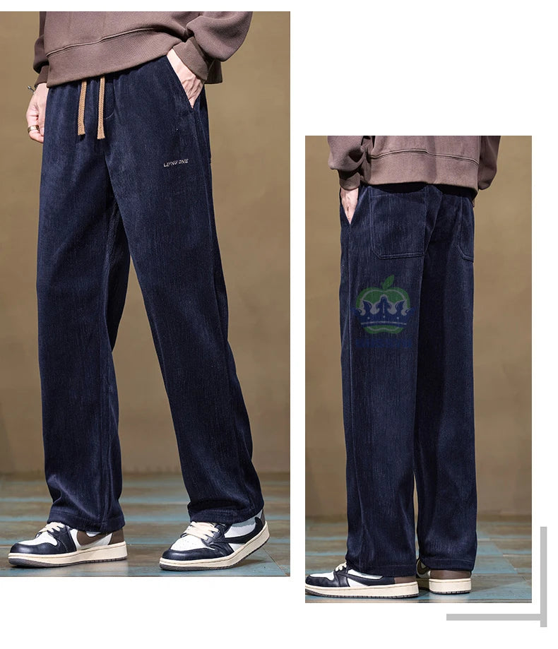 Autumn Winter Men's Corduroy Pants Elastic Waist Fashion Stretch Loose Straight Black Grey Thick Trousers Male Plus Size M-5xl.