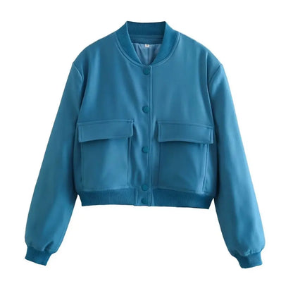 Women Fashion With Pockets Bomber Jacket Coats Vintage Long Sleeve Front Button Casual Female Outerwear Chic Tops