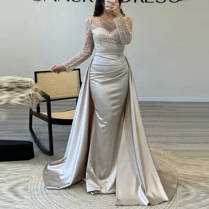 Elegant Satin Sequin Stitching Dress Luxury Glitter High Waist Gala Evening Dress Women Chic Long Sleeve Full Length Party Dress
