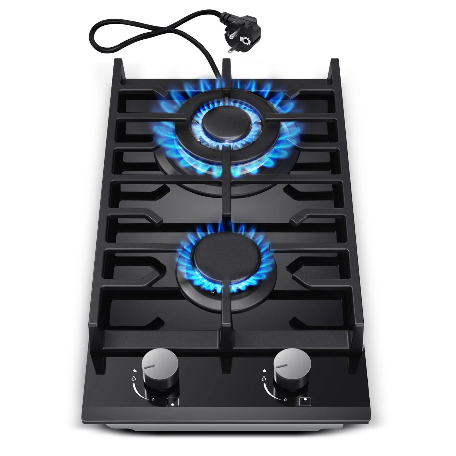 EU Certified 2 Burner Gas Hob 30cm Tempered Glass | Built-in w/Cast Iron Rack Dual Fuel (NG/LPG) 5200W Flame Failure Black.