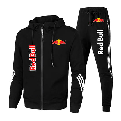 2025 Red Bull Logo Men's Hoodie Set Two-piece New Red Bull Brand Logo Printed Zipper Jacket Solid Color Simple Cycling Suit.