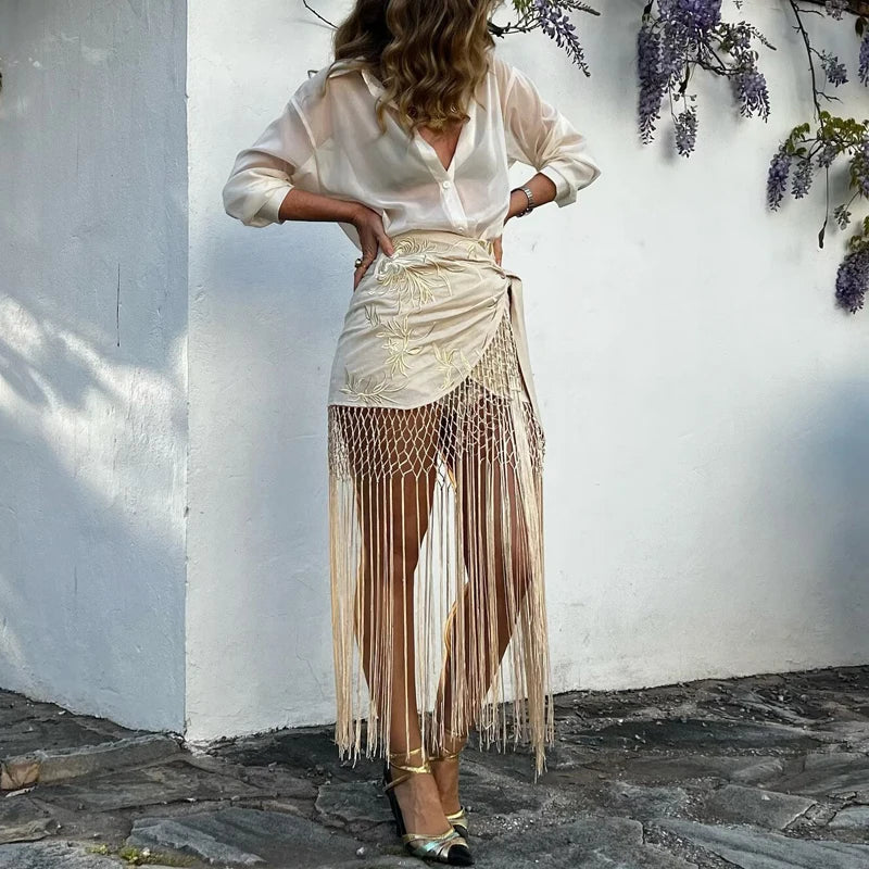 MUJER Embroidery Lace Long Skirt Woman High Waist Midi Skirts for Women Summer Beach Skirt Woman Tassel Women's Skirts Cylinder.