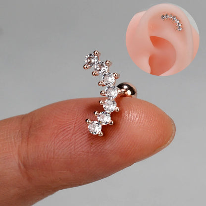 1PC New Curved Cz Cartilage Stud Moon Leaf  Helix Rook Conch Screw Back Earring Stainless Steel Bar Ear Piercing Jewelry.