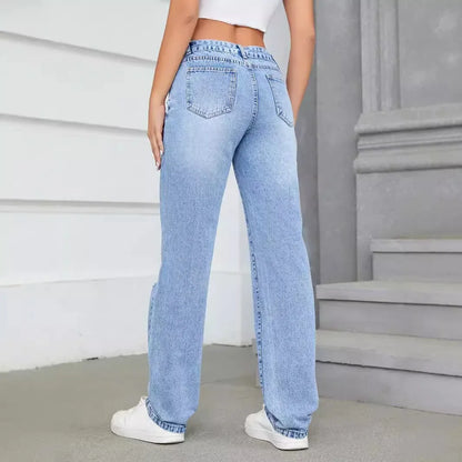 Loose High Waist Casual Hole Straight Leg Jeans Long Pants Wide Leg Trousers Comfortable Fit Female Denim Jeans.