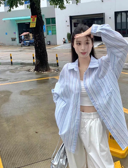 Pink Striped Shirt Women Korean Style Loose Long Sleeved Button Up Blouse Ladies Autumn New Wild Streetwear Casual Shirts 2025.