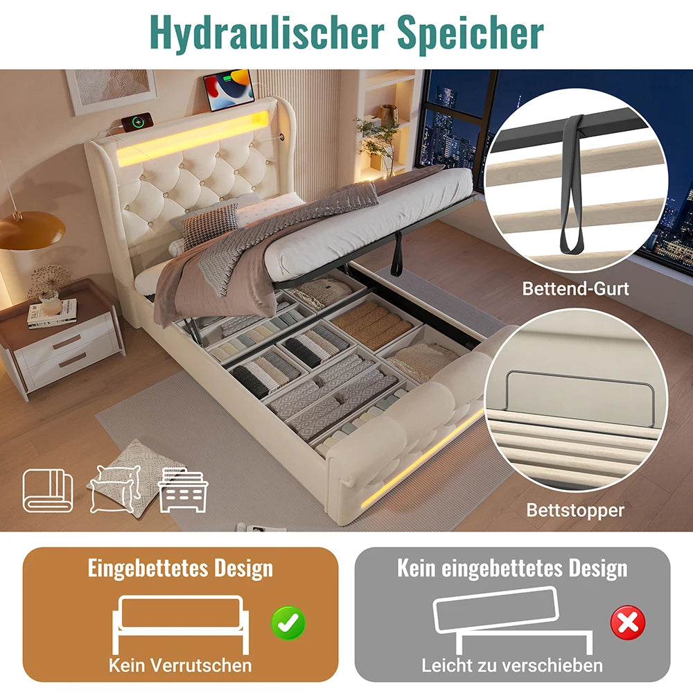 KOMHTOM Modernes Polsterbett Einzelbett 90x200cm mit LED-Leuchten, USB- und Typ-C-Anschlüssen, Hydraulisches Stauraumbett