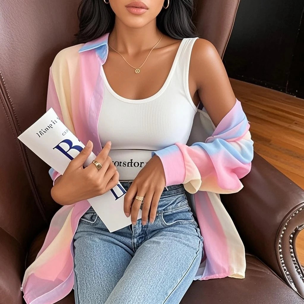 See-through Irregular Gradient Rainbow Long Sleeved Shirt And Blouses Thin For Women Clothes Loose Top Pink Casual Fashion Trend.