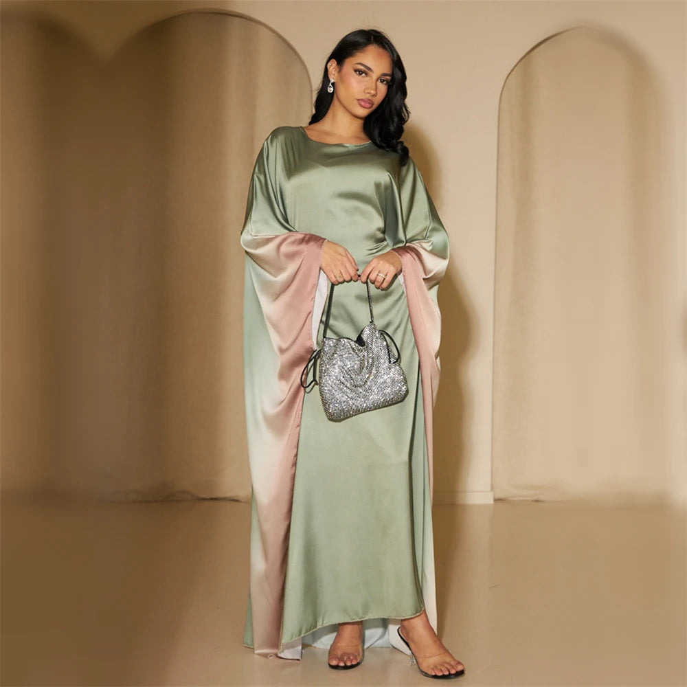 Gradient Batwing Butterfly Sleeve Satin Abaya Dubai Luxury Muslim Kaftan Dress For Women Kebaya Caftan Marocain Femme Vestidos.
