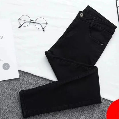 High Waist plus Size Denim Jeans Women's Fitting Pencil Pants Elastic Casual Long Trousers Light Blue Spring Autumn Wear.