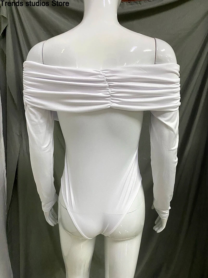 New Solid Sexy Off Shoulder Bodysuits Women Fashion Crossed Folds Skinny Rompers Long Sleeve Fashion Streetwear Autumn Bodysuits.