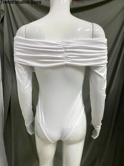 New Solid Sexy Off Shoulder Bodysuits Women Fashion Crossed Folds Skinny Rompers Long Sleeve Fashion Streetwear Autumn Bodysuits.