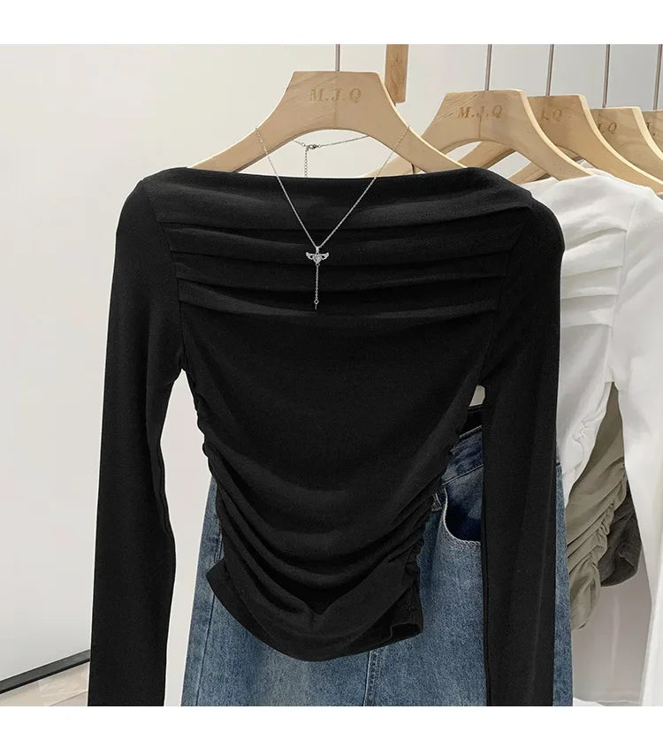 Spicy Girl Style One-Collar Ruffles Cropped Long Sleeve T-Shirt Women's Autumn/Winter New Arrival Base Layer Sweatshirt