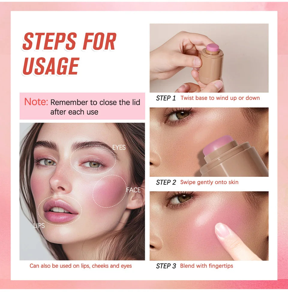 Magic Blush Stick 3-in-1 Cheek Lip Tinted Moistured Blush Stick Silky Brighten Blush Cream Blusher Cosmetics Tubes Matte Contour.