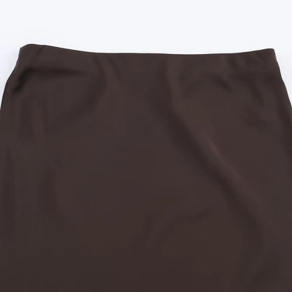 KONDALA Women Elegant Luxury Satin Lace Brown Black Skirt Long Straight Skirt 2025 New Spring Autumn Fashion Party Mujer Skirt.