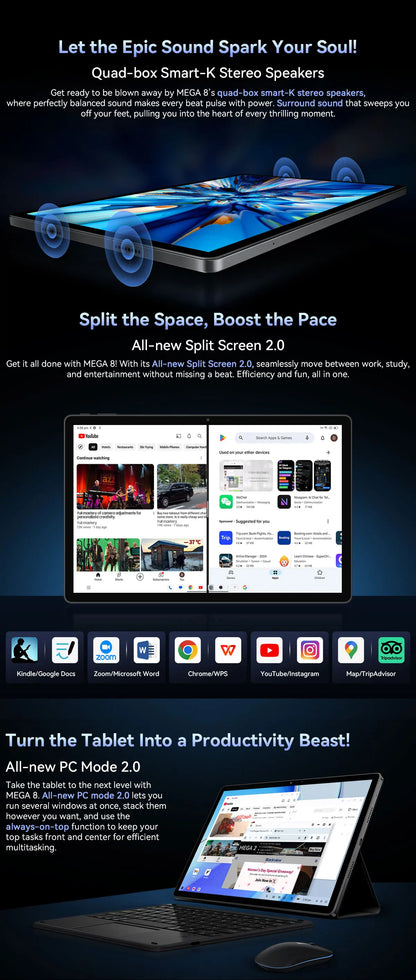 Blackview MEGA 8 Tablet 13‘’ 2K FHD Display, Octa Core T620 Android 15, 12GB RAM, 512GB ROM, 50MP + 13MP Camera, 11000 mAh