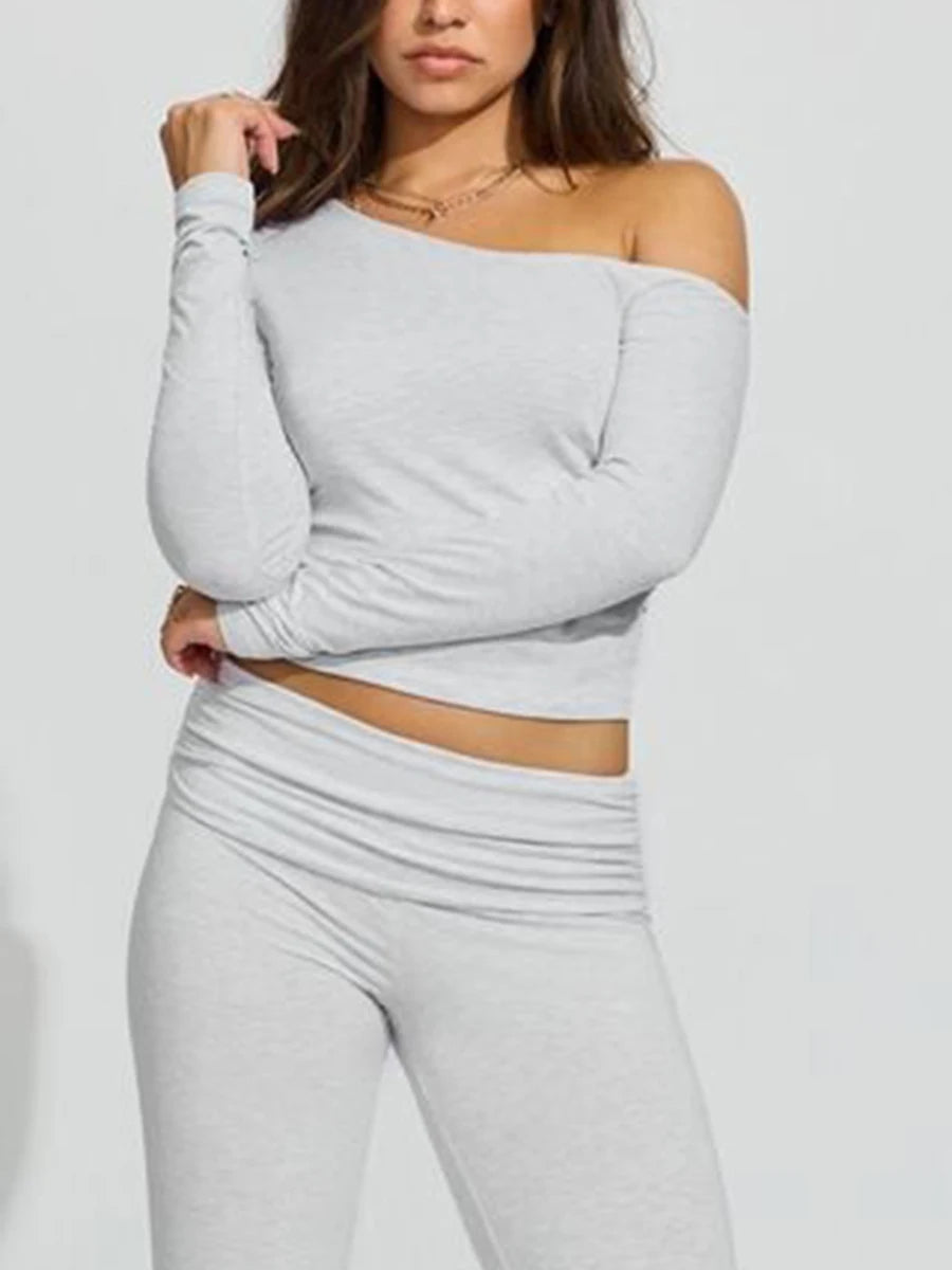 Women's One Shoulder Pullover Tops Slim Fit Solid Color Slash Neck Long Sleeve Showing Navel Asymmetrical Basic Shirt for Fall.