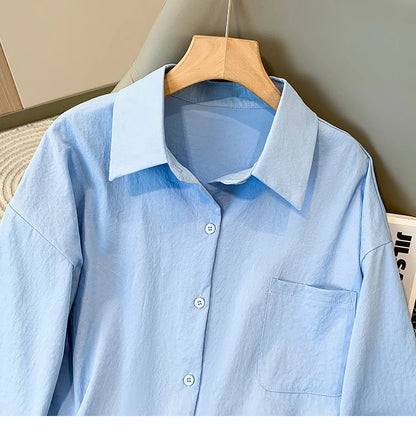 Plus Size Women's Blouses 2025 Spring Autumn Simple Lady Shirts Long Sleeve Big Pockets Shirt Loose Casual Tops