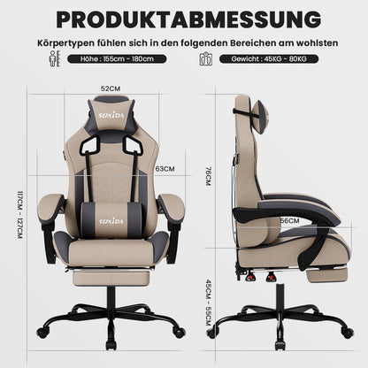 SUKIDA Ergonomischer Racing-Gaming-Stuhl, verstellbar, drehbar, mit Kopfstütze und Lordosenstütze für Büro und Gaming