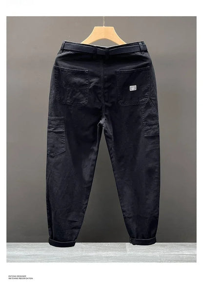 Autumn Summer Wide Leg Cotton Work Trousers Men's Cone Straight Loose Wear Resistant Pocket Pants Retro Wash Casual Workwear.