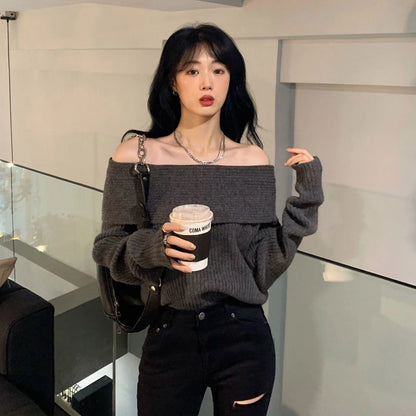 Lucyever Slash Neck Strick pullover Frauen sexy schulter freie Langarm pullover weibliche koreanische elegante verdicken schlanke Pullover Top