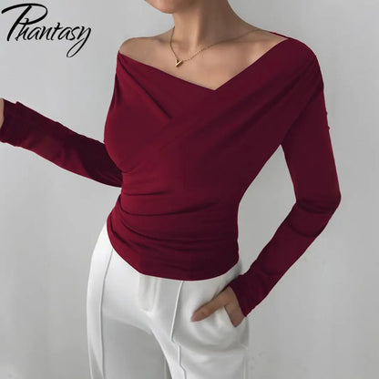 Phantasy New Solid Color Top Fashion Slant Shoulder Collar Shoulder Slimming Long Sleeve Commuter Top Vestido Elegant Tops.