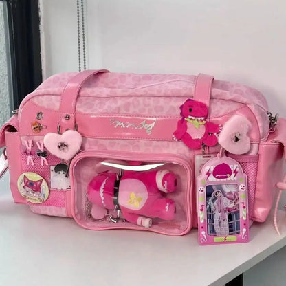 New Y2k Leopard Ita Shoulder Bag Lolita Girls Transparent Tote Bag Womens Large Capacity Crossbody Bag Cute DIY Display Handbags.