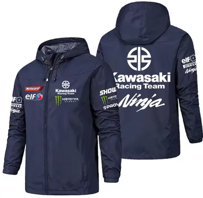 Racing team jacket with Kawasaki logo, men's waterproof and windproof sportswear, 2025 new outdoor sports fashionable fan jacket.