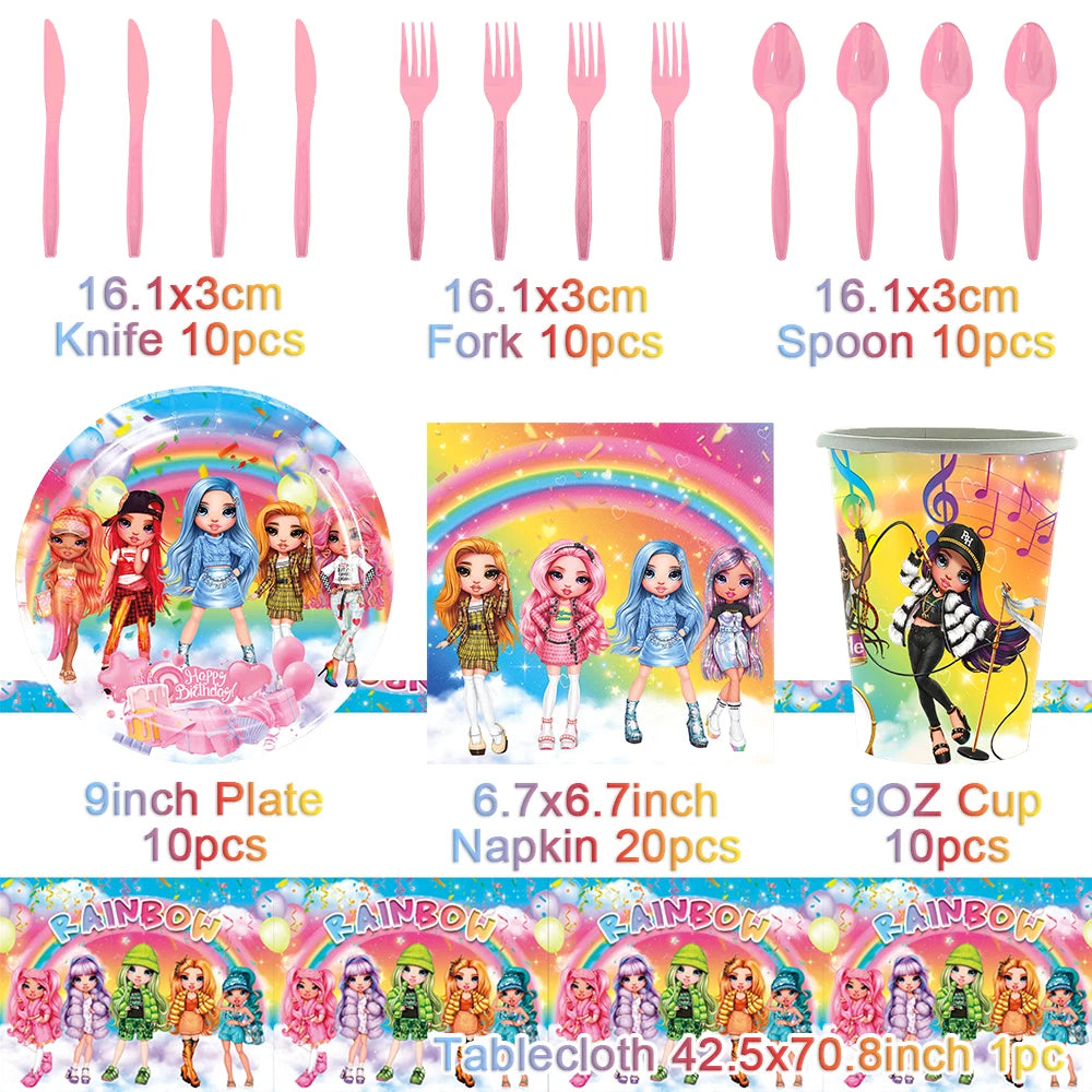 Cartoon Regenbogen Puppe High School Thema Hintergrund Geburtstag Party Dekoration Lieferungen Einweg Tasse Besteck Ballon Baby Geschenk.