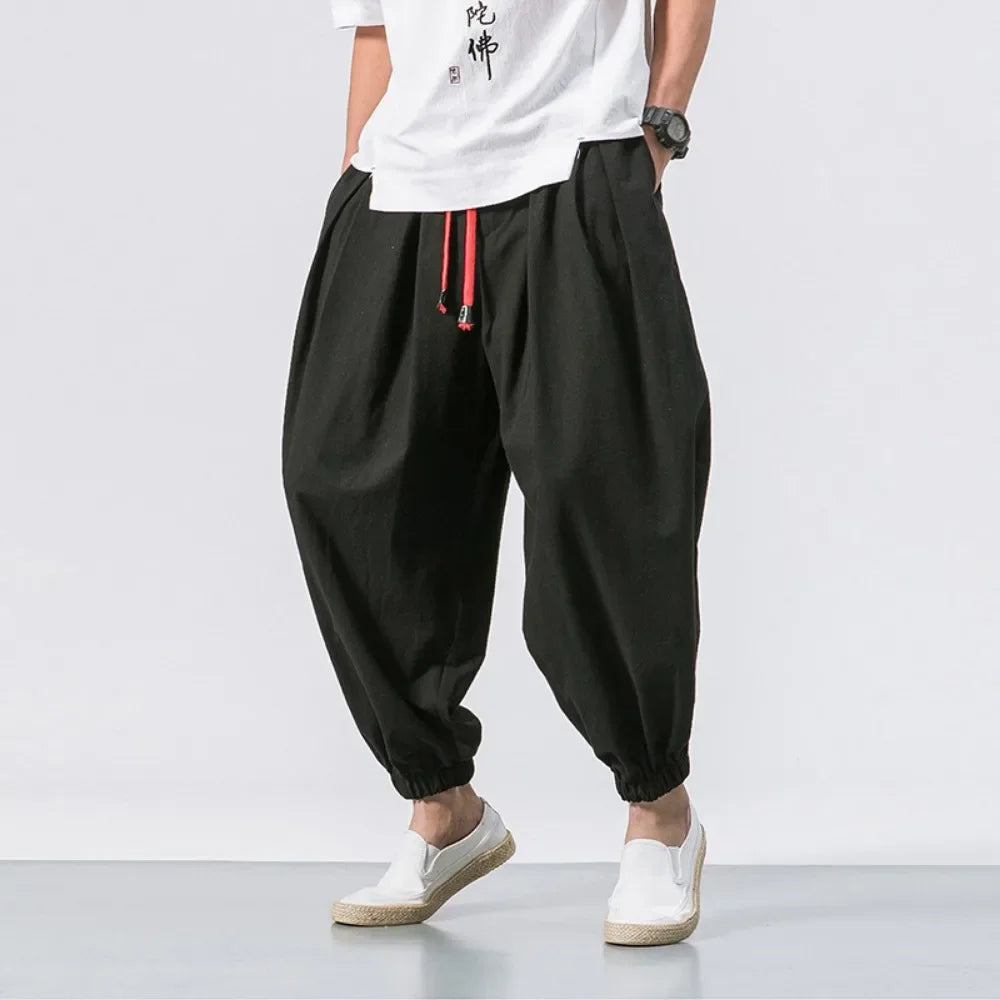 New Trendy Men Harem Pants Loose Oversized Style Cotton and Linen High Quality Jogger Sweatpants Casual Male Trousers