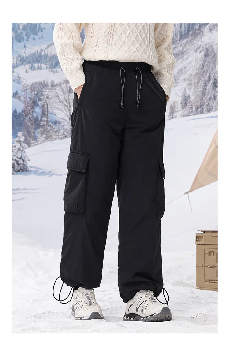 Winter Duck Down Skiing Cargo Pant Men Women Outdoor Thick Warm Loose Casual Sports Techwear Down Pants Track Trouser Sweatpants.