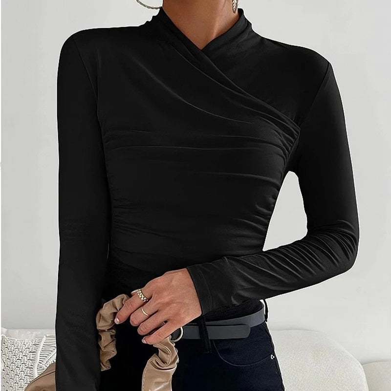 Sexy Elegant Fall Winter Long Sleeve Cross Pleated Pullover Women's Modal Solid Color Irregular Tops Street Daily Versatile Tees