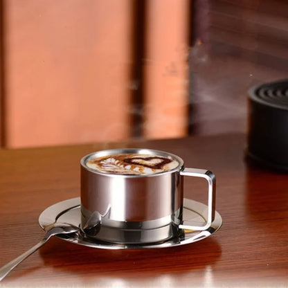 1Set Stainless Steel Coffee Cup Set Double Walled Heat Resistant Mug with Saucer Spoon Drink Tableware Kitchen Cafe Accessories.